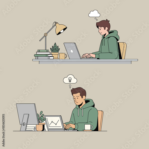 Young man working on laptop at desk while contemplating new ideas