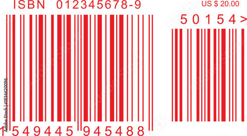 ISBN barcode for books red color- Code 39, Code 128, UPC-A, UPC-E. EAN-13, EAN-8. Interleaved 2 of 5, ISBN.