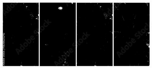 A set of four black grunge textures featuring distressed, scratched, and worn-out surfaces with scattered white speckles and rough edges, arranged vertically in a clean grid layout. Perfect for punk, 