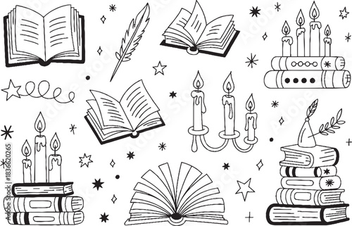 Books and candles doodle art with feathers and stars Keywords: books, candles, doodle, art, feathers, stars, reading, literature, knowledge, education, learning, study, library, antique, vintage