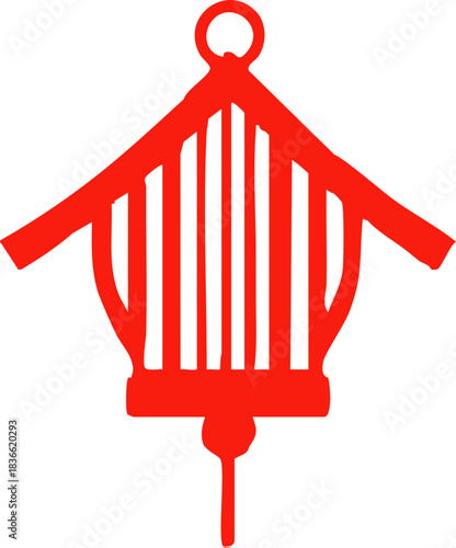 A simple red hand-drawn lantern design with long vertical lines and a curved, house-like top.