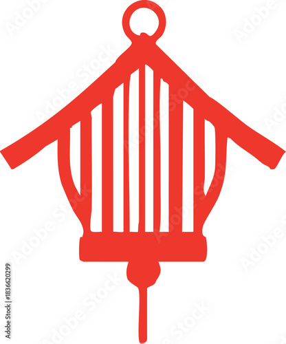 A simple red hand-drawn lantern design with long vertical lines and a curved, house-like top.