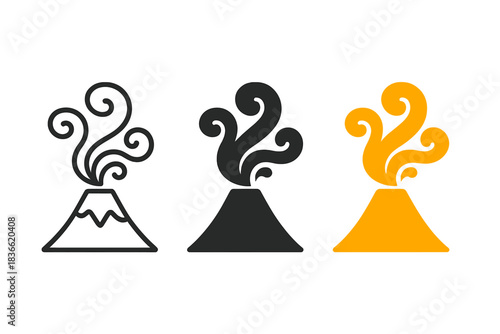 Three different colored volcanoes with smoke coming out of them