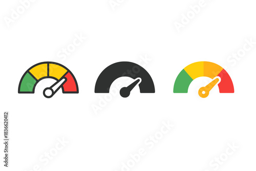 Three different speedometers are shown, each with a different color