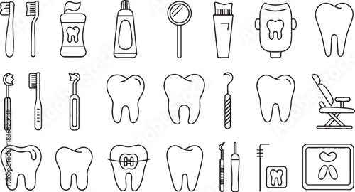 Dental Care and Teeth Icons Set Line Art vector illustration