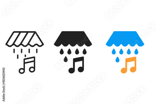 Three different colored raindrops with music notes on top