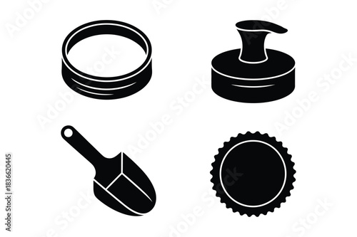 Set of four black and white icons representing beauty and gardening items