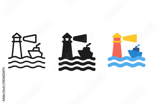The image is a series of three different pictures of a lighthouse, a boat