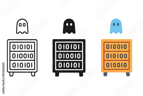 Digital Cabinet Evolution. Cabinet icon with binary code patterns and ghostly icons floating above drawers, first in line style