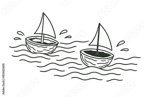 Walnut Boat Race. Two walnut boats racing across puddle waves after gentle rain, first in line style with thin outline, second in