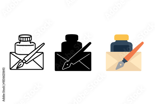 Ink Bottle Evolution. Old-fashioned ink bottle with metallic nib resting across envelope, first in line style with thin outline,