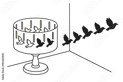 Zoetrope Bird Shadows. Zoetrope cylinder casting shadow of flying bird sequence on nearby wall, first in line style with thin