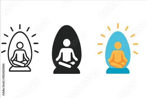 Meditation Capsule Designs. Egg-shaped soundproof meditation capsule with glowing aura of calm, first in line style with thin