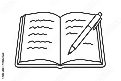 Creative Journal Styles. Open analog journal with handwritten notes and pen resting across page, first in line style with thin