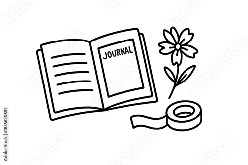 Creative Journaling Tools. Flat lay of journal pages, dried flower, and washi tape as creative prompt tools, first in line style