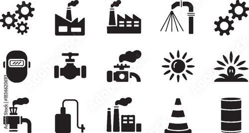 Industrial icons including gears, factories, pipes, welding mask, and barrel industry factory