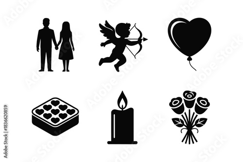 Romantic valentine s day symbols silhouette collection