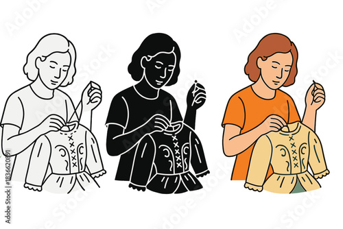 Historical Garment Creation. Seamstress working on replica garment using exact historical stitching for authenticity, first in