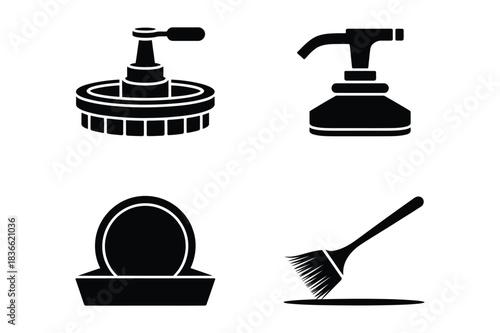 Set of four cleaning and hygiene icons in black and white