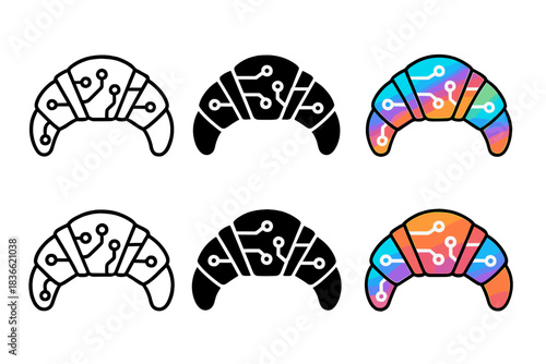 Futuristic Croissant Design. Croissant with tiny holographic circuits on the layers, futuristic pastry design, minimalistic icon,