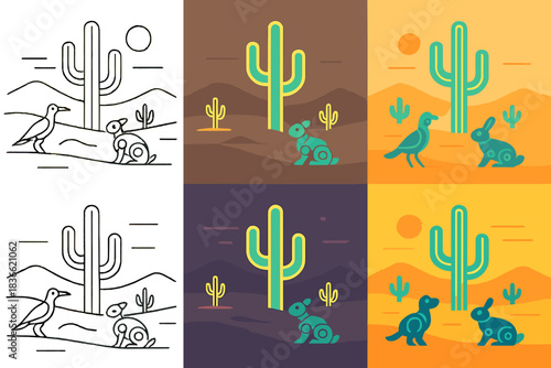 Futuristic Glowing Desert. Synthetic desert with glowing cacti and robotic wildlife, abstract futuristic landscape, minimal design