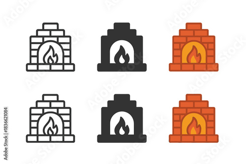 Traditional Brick Kiln Icons. Traditional brick kiln with glowing fire inside, minimal vector icon, first in line style with thin