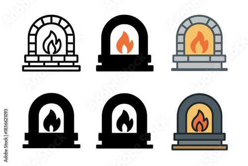 Fiery Kiln Designs. Traditional kiln with arched entrance and fiery glow, clean minimal vector design, first in line style with