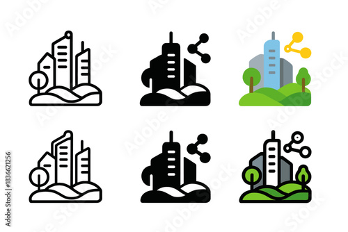 Futuristic Eco City. Futuristic city with integrated green spaces and connected ecosystems, minimal vector icon, first in line