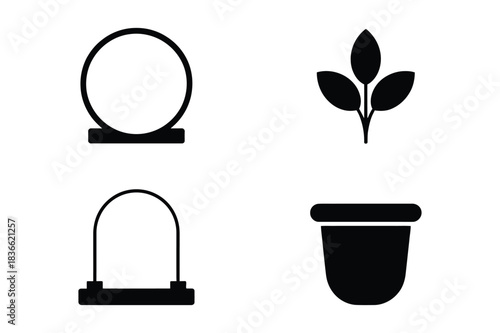 Simple black silhouettes of garden elements and decorative objects