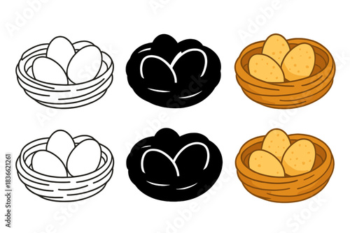 Finch Eggs Illustration. Close-up of finch eggs resting in woven nest, simple minimalist vector illustration, first in line style