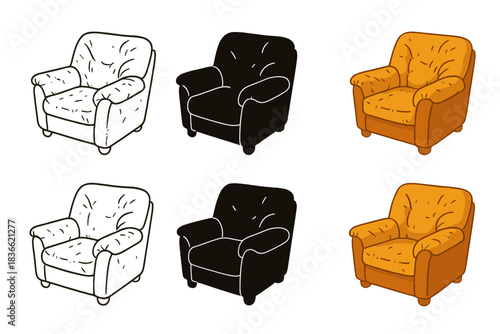 Stylized Leather Armchair. Worn leather armchair angled to show armrests and soft padding, abstract minimal vector illustration,