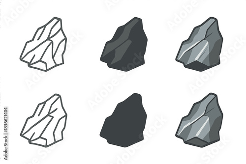 Meteorite Icon Styles. Metallic iron meteorite shard showing jagged edges and reflective surfaces, clean minimal vector icon,
