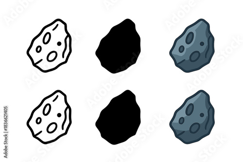 Meteorite Icon Variations. Meteorite shard with metallic texture and small craters on surface, clean geometric minimal icon, first