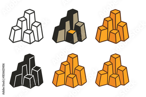Geometric Basalt Layers. Perspective view of columnar basalt formation with distinct geometric shapes, simple minimal vector icon,