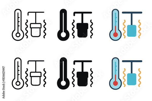 Quantum Sample Thermometer. Low-temperature apparatus symbol showing thermometer and energy lines around quantum sample, sleek