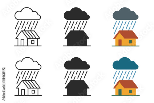 Stormy Rural Silhouettes. Silhouette of small house with tin roof under storm, rain lines cascading diagonally, simple rural