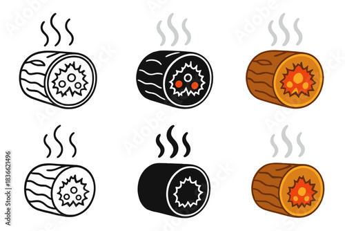 Smoldering Apple Log. Cross-section of smoldering apple log showing embers inside and smoke flow lines above, minimalist craft