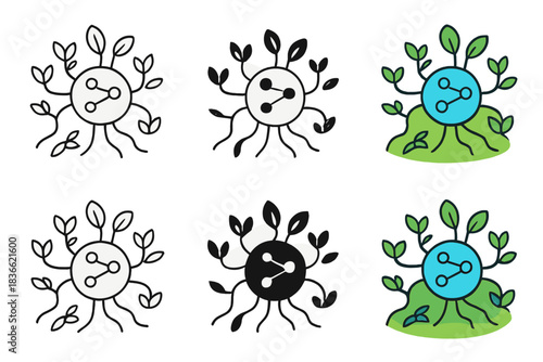 Garden of Synaptic Paths. Circular data node symbol at center of garden, pathways radiating outward like synaptic patterns,