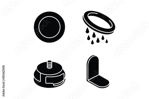 Set of four black isometric icons representing different objects