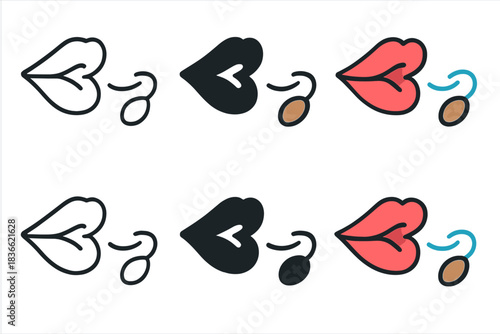 Cherry Pit Exhale. Close-up of lips exhaling small cherry pit with curved motion trail, fun and lighthearted gesture rendered in