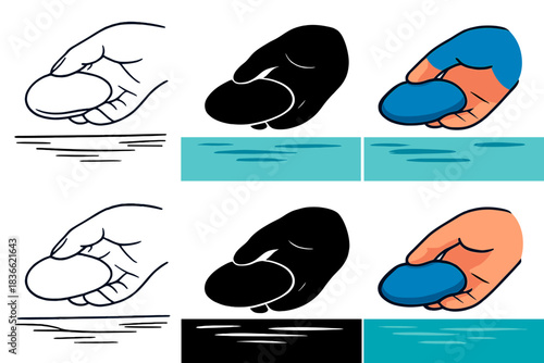 Skipping Stone Variations. Close-up of smooth skipping stone in hand, curved form ready to launch across reflective water, calm