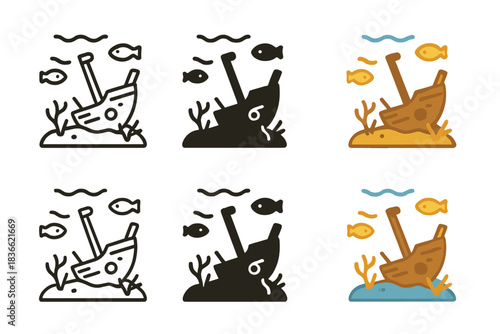 Underwater Wreck Icons. Ancient shipwreck resting on seafloor with coral growth and fish, minimalist icon collection, first in