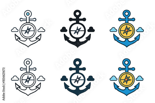 Compass Anchor Design. Anchor head shaped like a compass with tiny cloud accents around, minimalist vector icon pack, first in