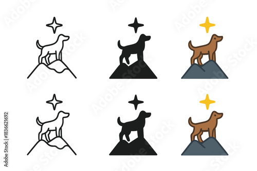 Majestic Dog Icon Set. Dog standing proudly on a mountain peak with a shining star above, minimalist vector icon set, first in