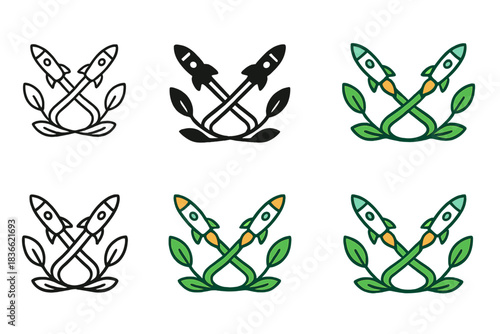 Rocket Leaf Crown. Crown made of intertwined rocket trails and leaves, elegant minimal vector composition, first in line style