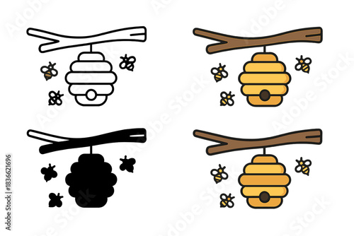 Bees Under Wooden Bridge. Hive suspended beneath a natural wooden bridge with bees flying in formation, smooth modern vector