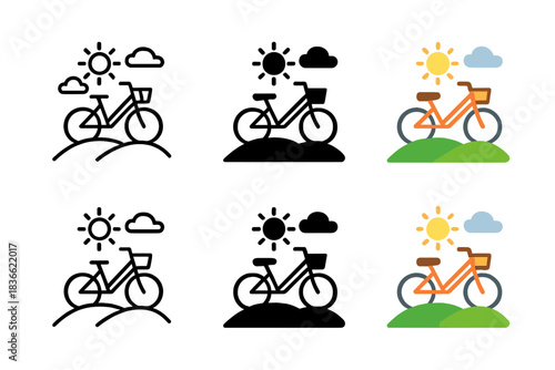 Bicycle Icon Diversity. Bicycle Hill Basket, clean modern icon showing outdoor serenity through line movement and shape clarity,