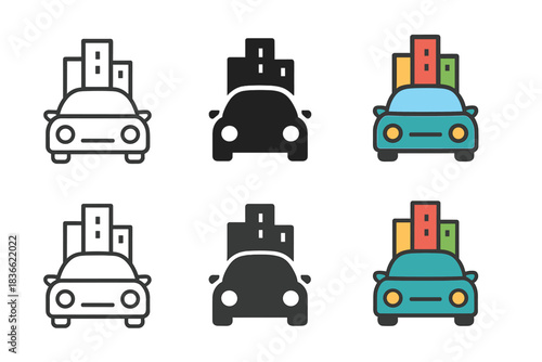 Urban Automotive Symmetry. Car City Roof, clean modern icon showing a blend of automotive form and skyline symmetry, first in line