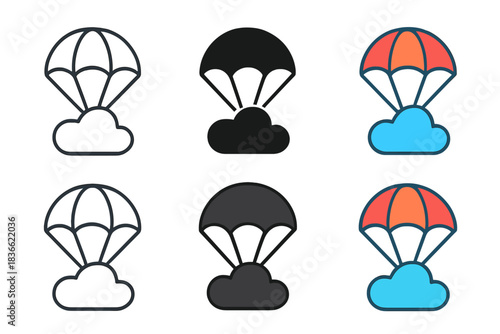 Parachute Icon Variations. Parachute Cloud Jump, clean modern icon showing floating form in harmony with calm sky gradients, first