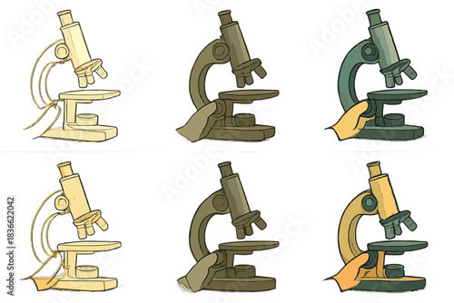 Microscope Focus Adjustment. Scientist hand adjusting microscope focus knob, soft lab light, first in line style with thin outline